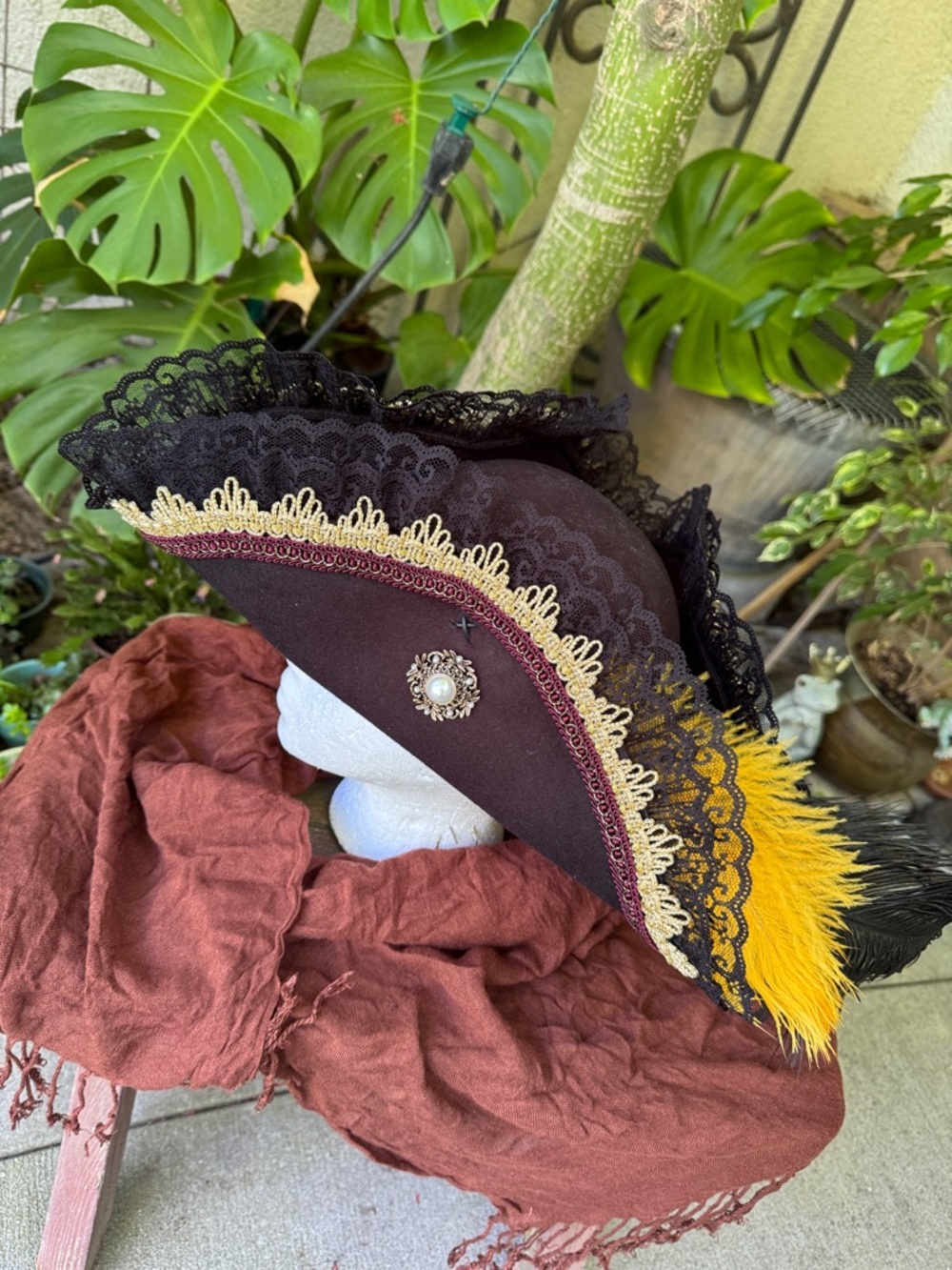 Handmade Pirate Hat Tricorn Black Wool Felt Lace Feathers Gold Tone & Faux Pearl